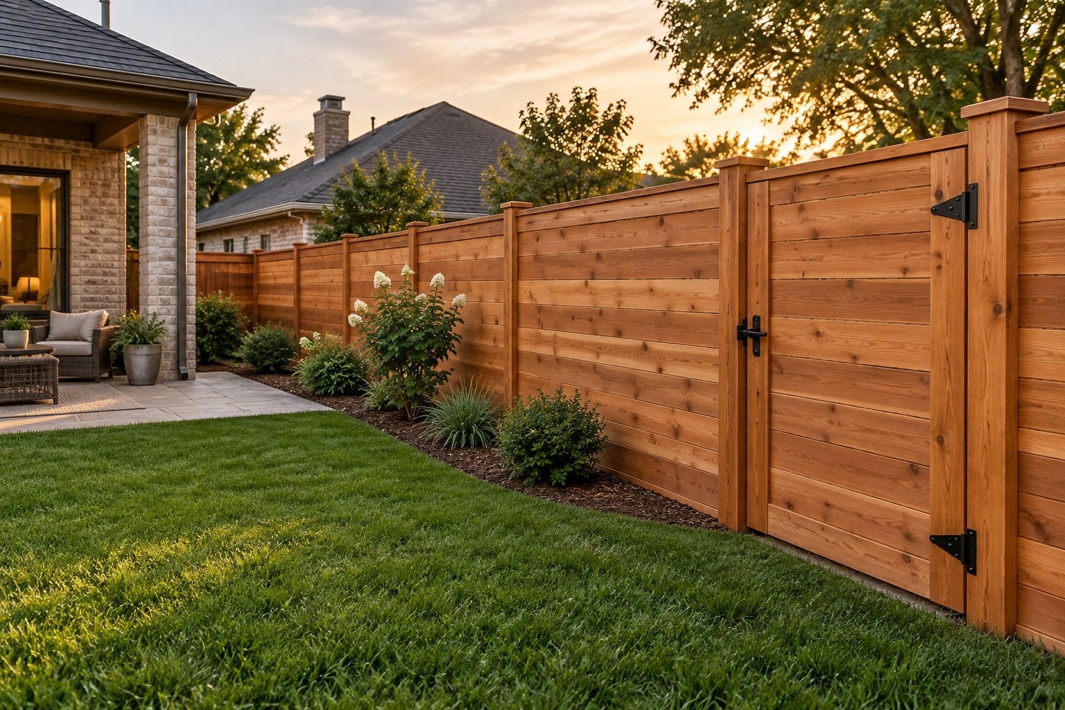 Cedar privacy fence beside a neatly landscaped residential yard
