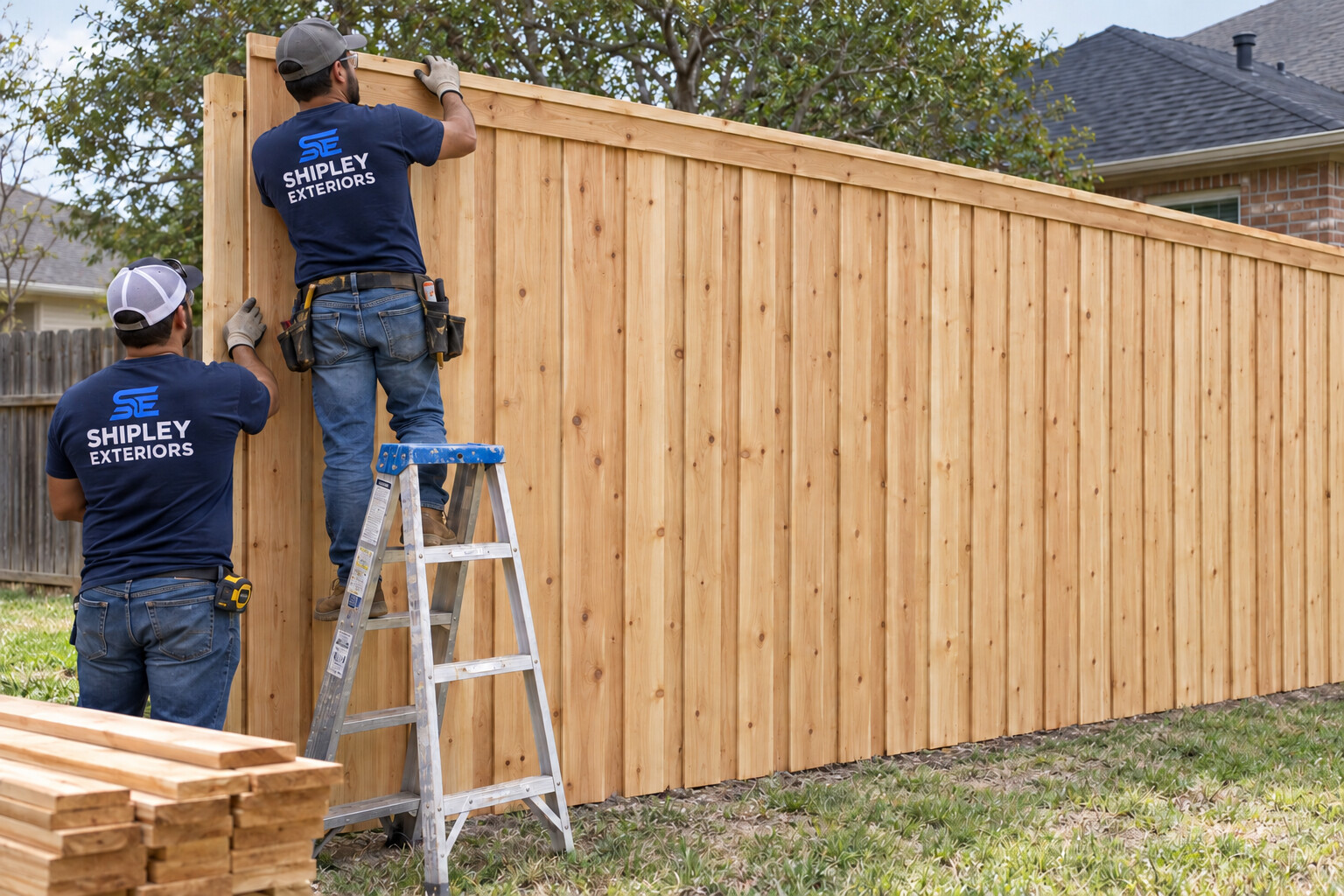 Crew in Shipley Exteriors uniforms aligning the cap on a cedar privacy fence