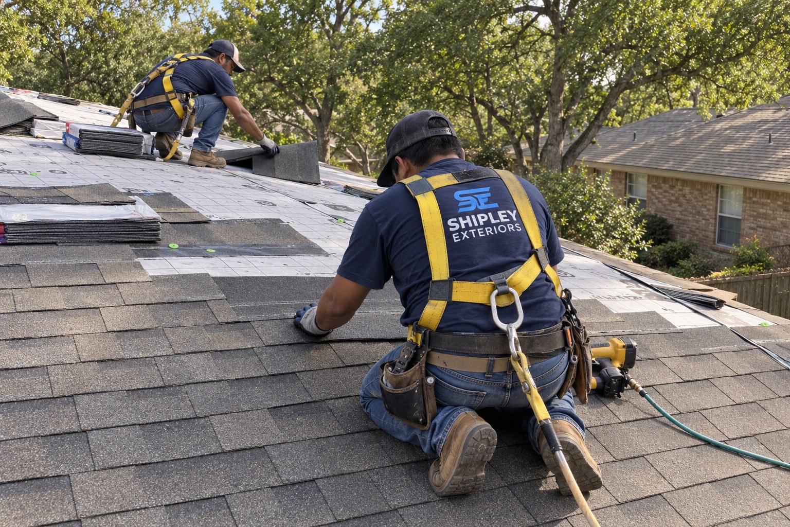 Illustration of a crew installing a shingle roof